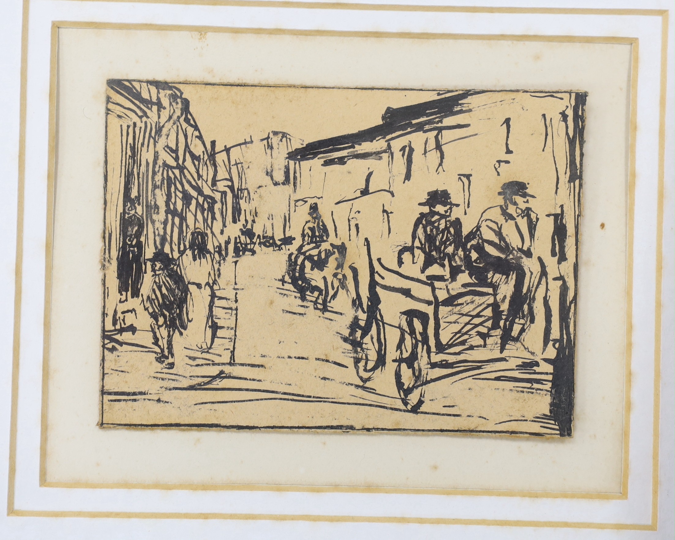 Early 20th century German School, two pen and ink drawings, Drunkard at a bar and Street scene, 10.5 x 11.5cm and 8.5 x 12cm